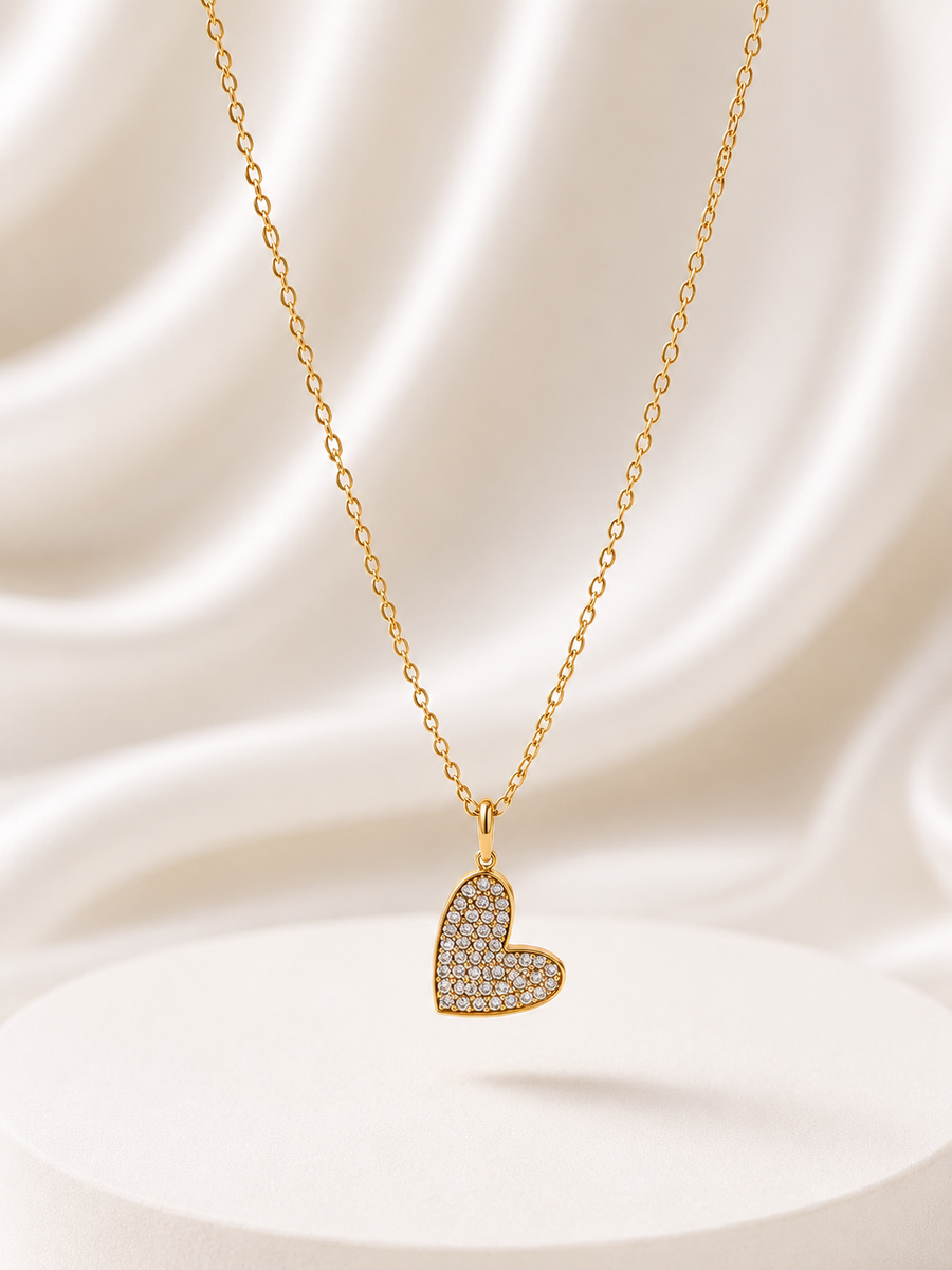 18K Gold Pavé Heart Pendant Necklace | Waterproof Jewelry
