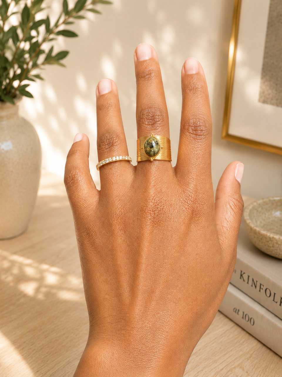 18K Gold & Green Stone Cuff Ring