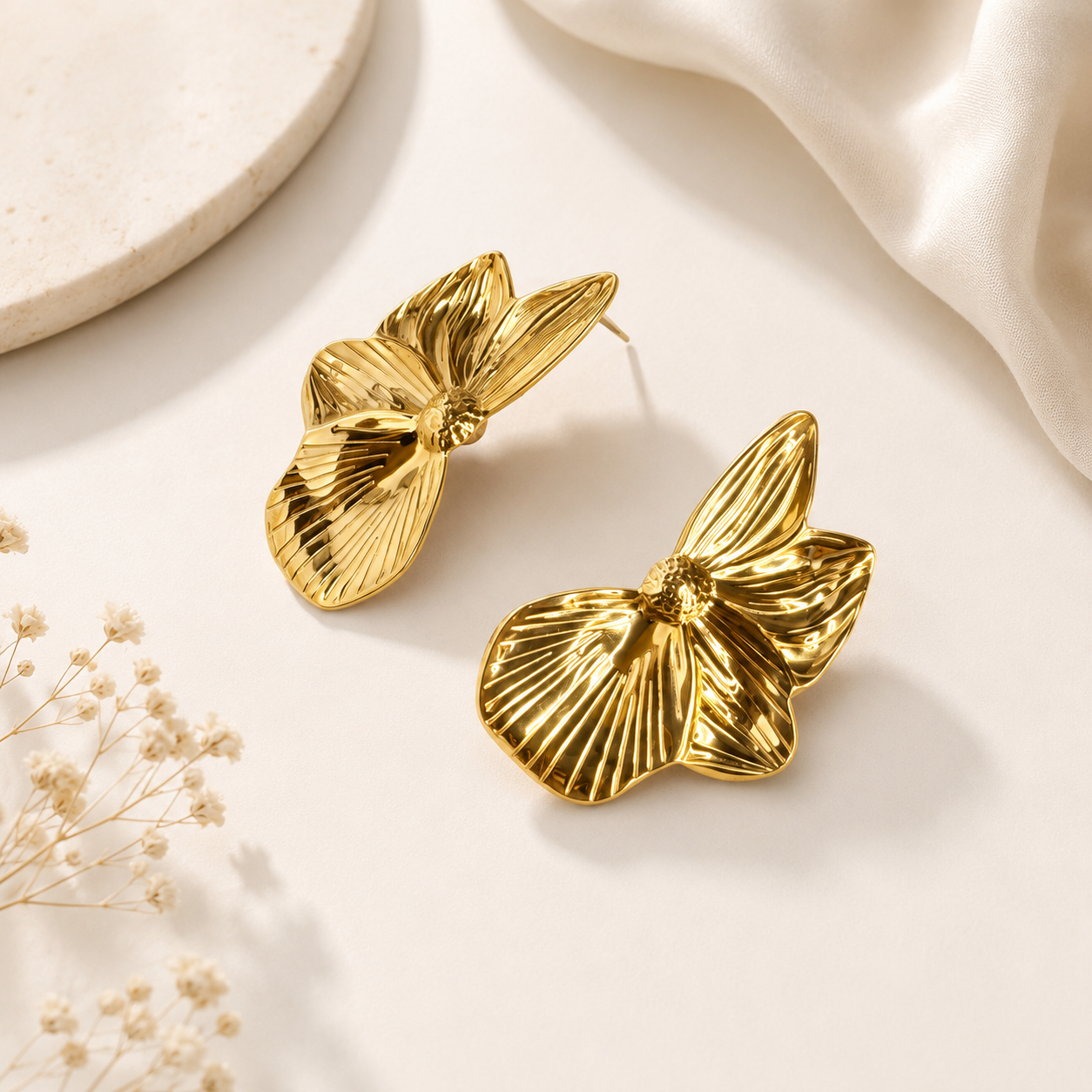 18K Gold PVD Floral Statement Stud Earrings | Waterproof