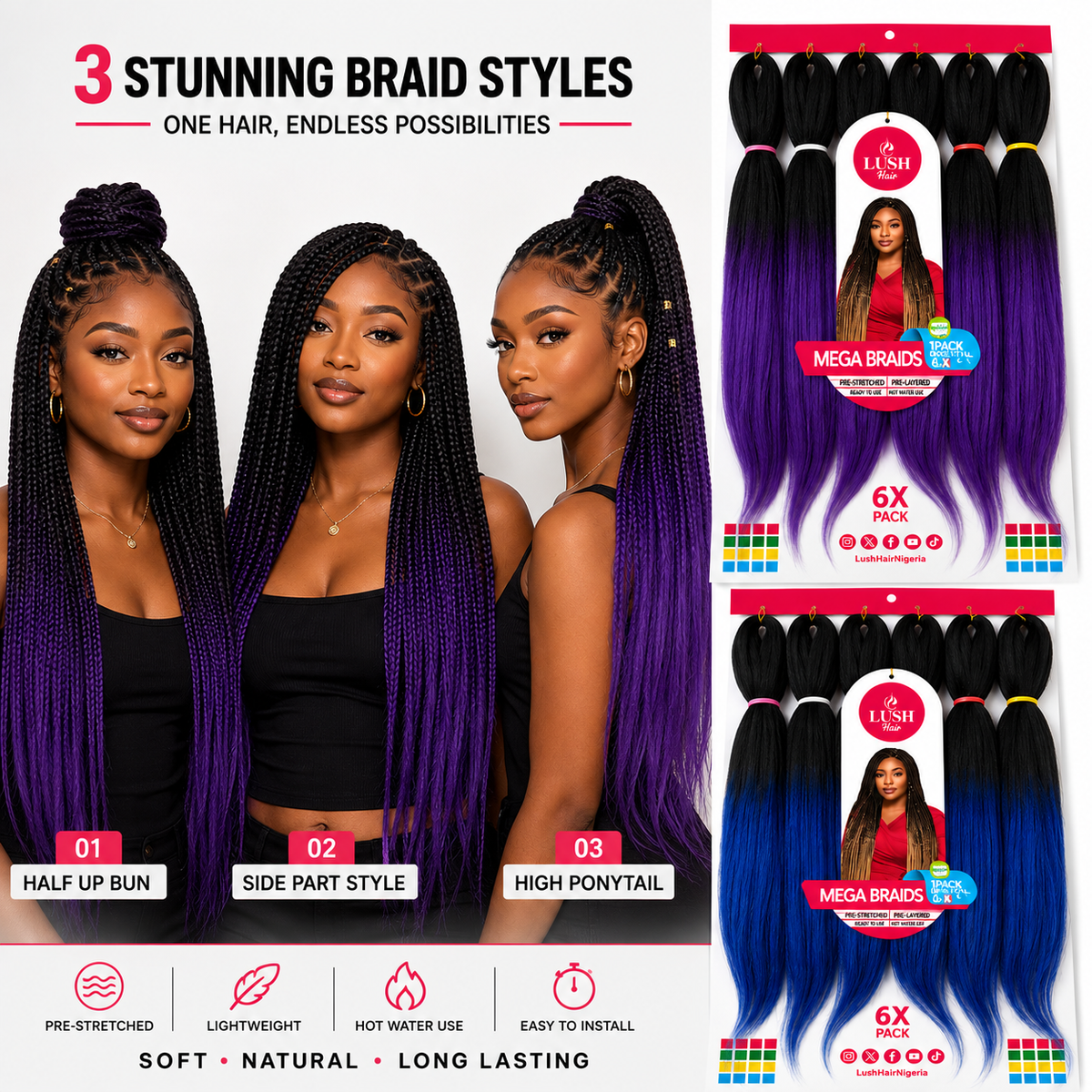 6X Pre-Stretched Synthetic Braiding Hair Extensions – Two-Tone Ombré