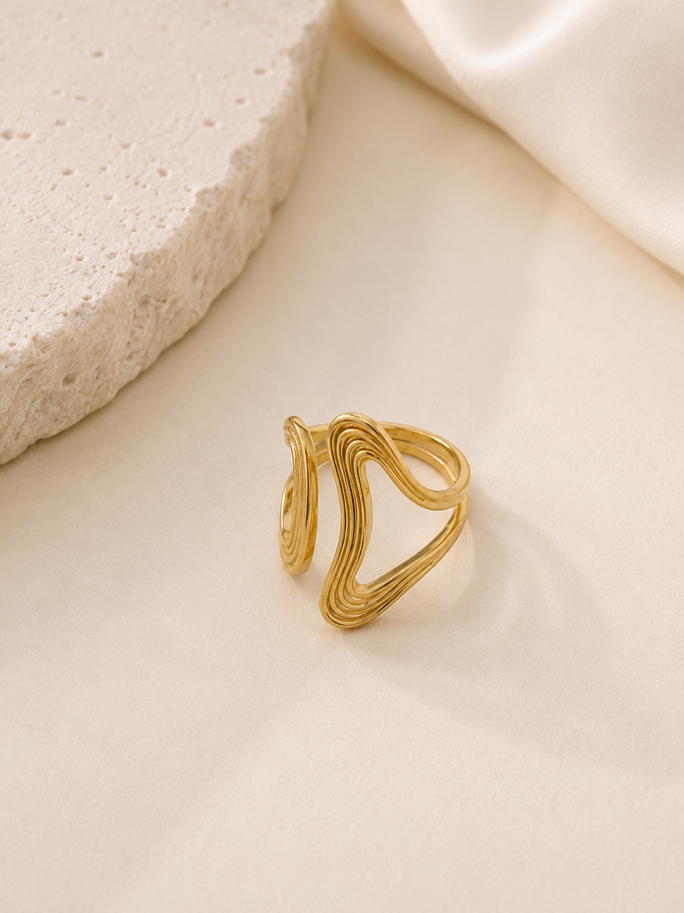 Abstract Wave Statement Ring | Waterproof Gold-Tone