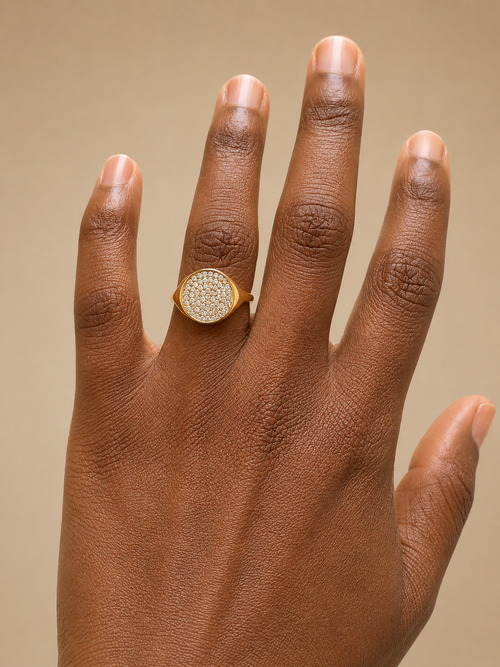 Adjustable Pave Crystal Round Signet Ring | Gold & Silver