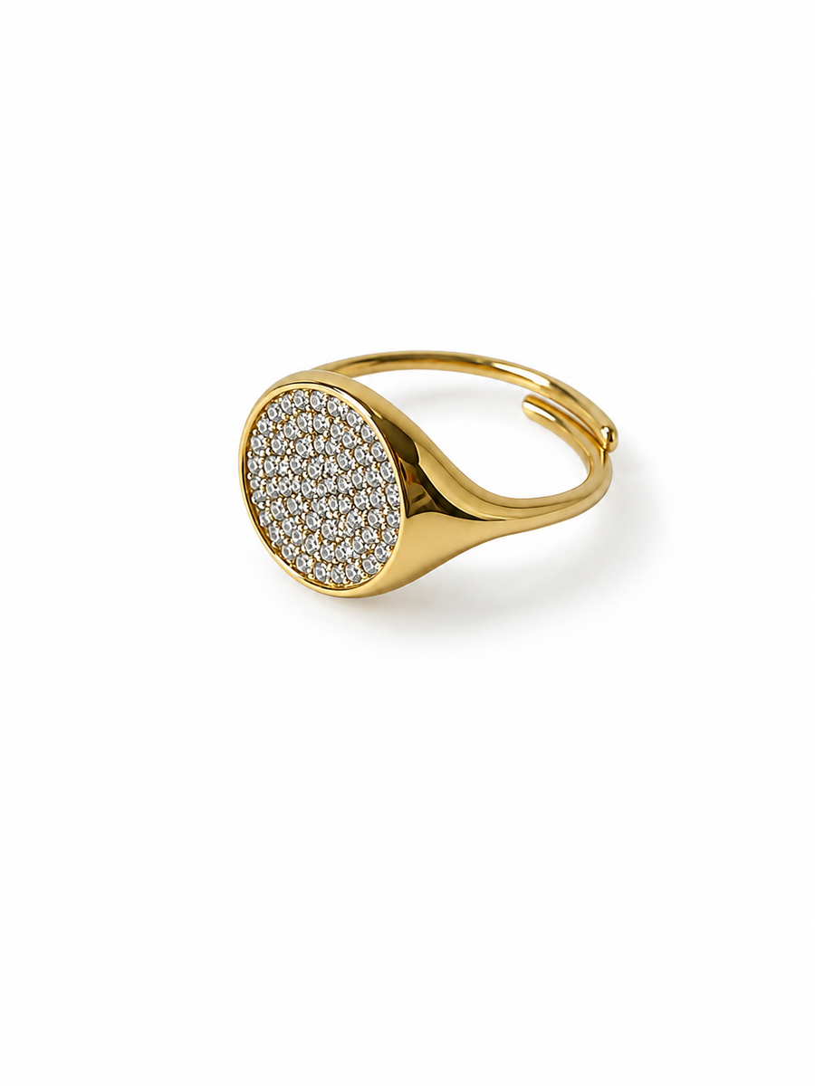 Adjustable Pave Crystal Round Signet Ring | Gold & Silver