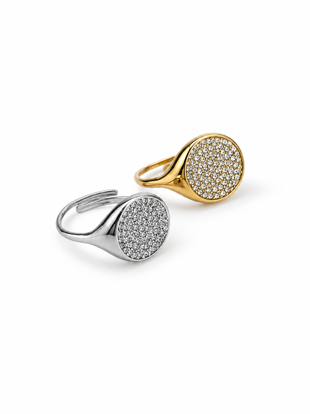 Adjustable Pave Crystal Round Signet Ring | Gold & Silver