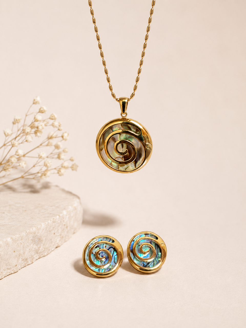 Abalone Spiral Necklace Set | 18K Gold-Plated Stainless Steel