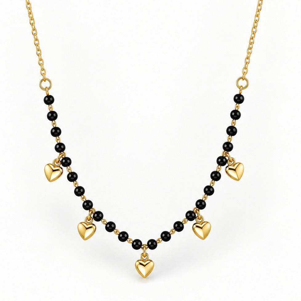 Black Bead & Heart Charm Station Necklace