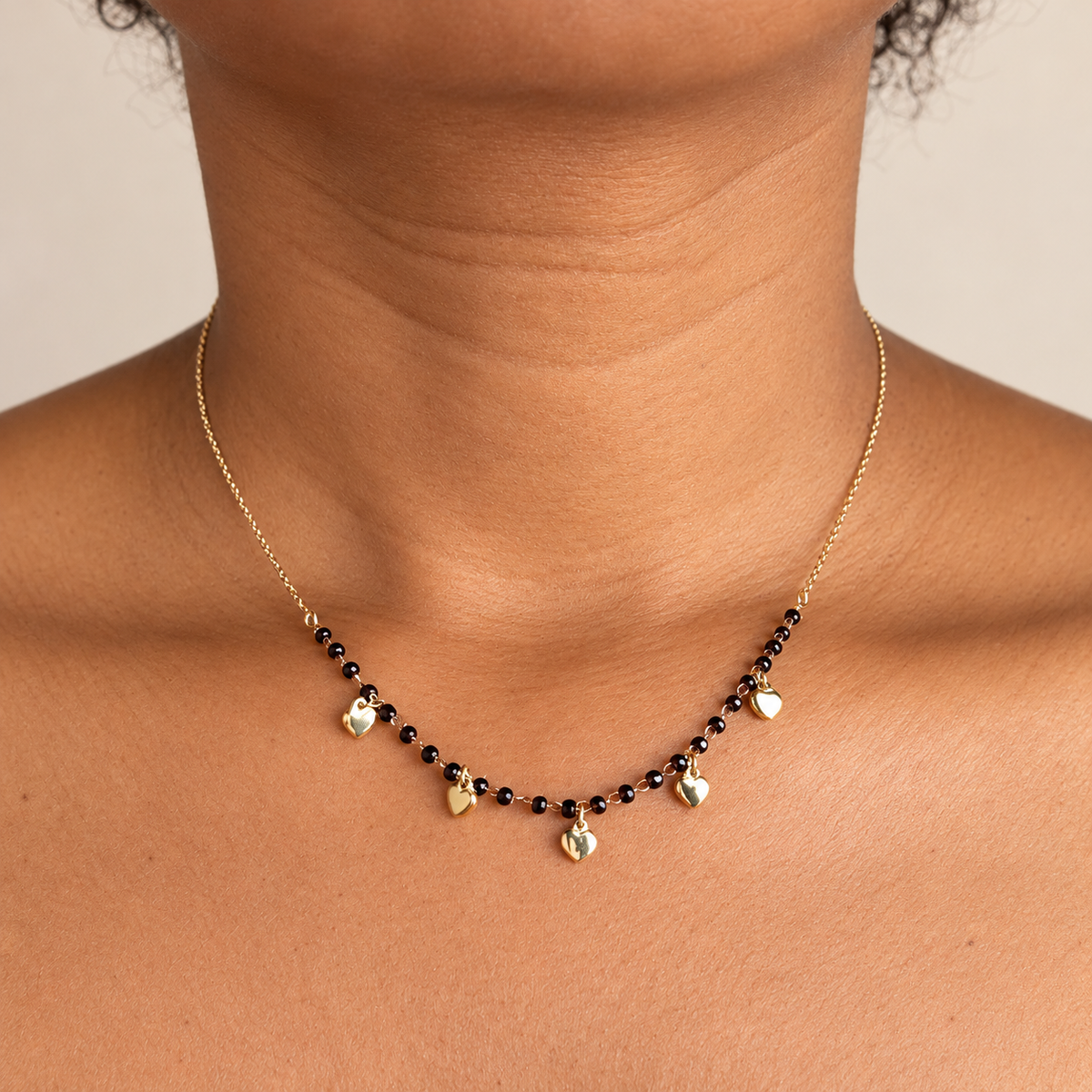 Black Bead & Heart Charm Station Necklace