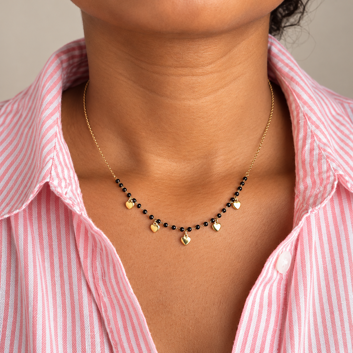 Black Bead & Heart Charm Station Necklace