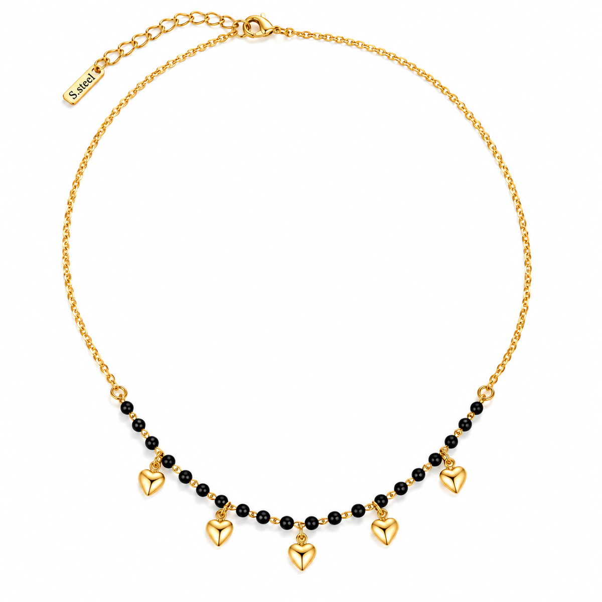 Black Bead & Heart Charm Station Necklace