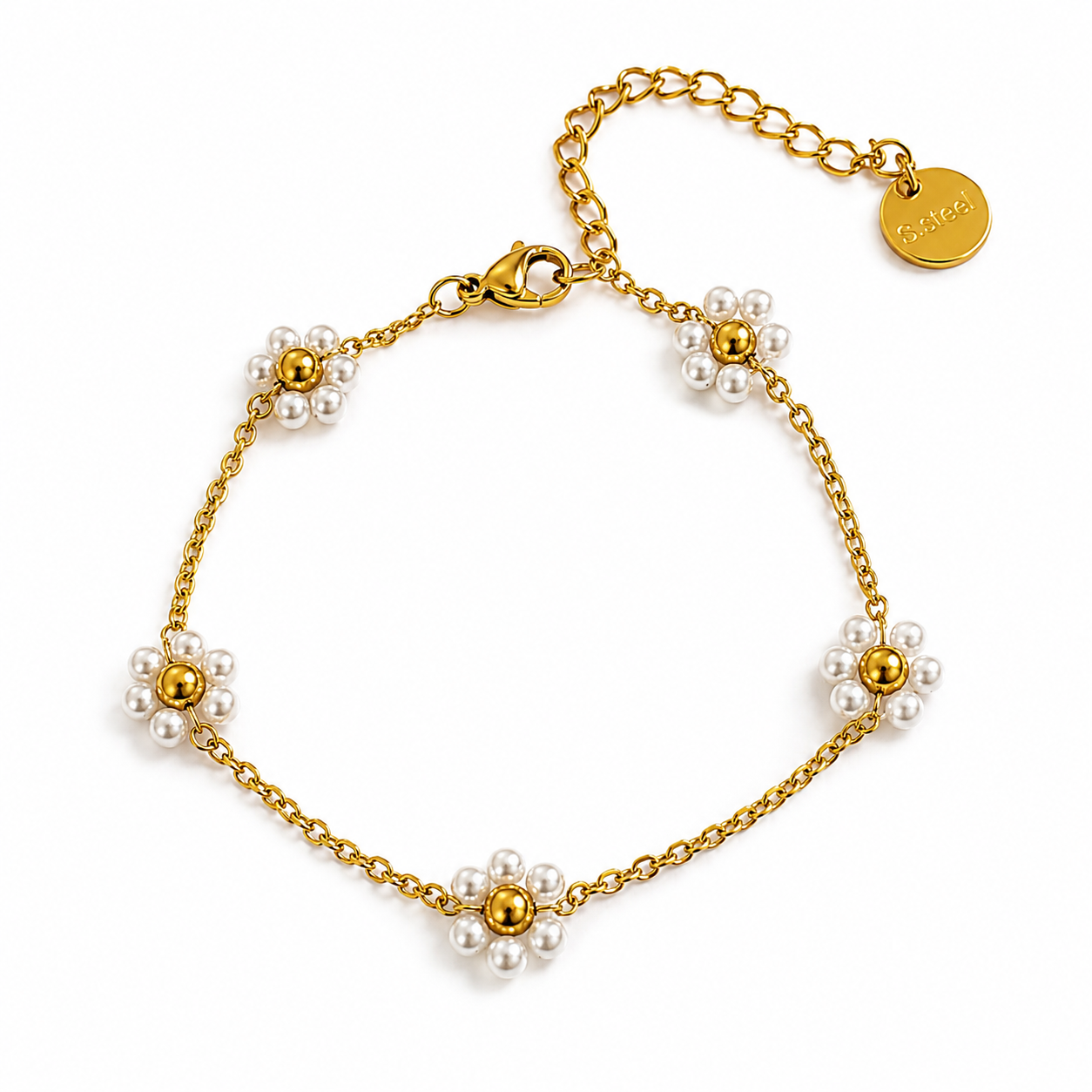 Blooming Pearl & Gold Chain Bracelet