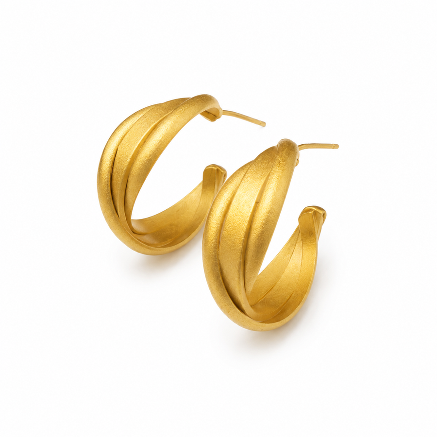 Brushed Gold Twisted Hoop Earrings | Matte Layered C-Hoop Studs