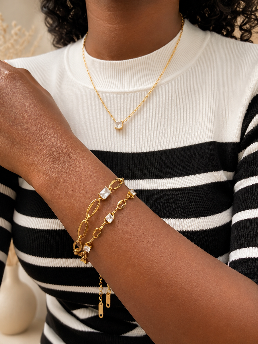 Celestial Crystal Link Layered Bracelet Set | 18K Gold-Plated Stainless Steel