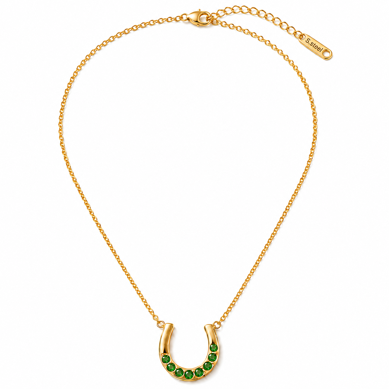 Emerald Green Horseshoe Pendant Necklace | 18K Gold Plated