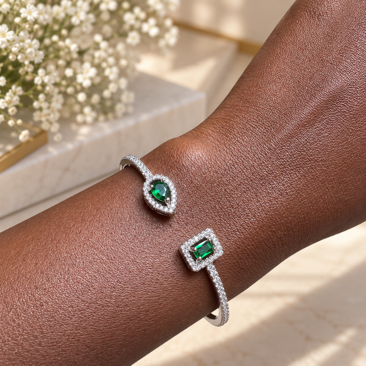 Emerald Green Open Halo Cuff Bracelet
