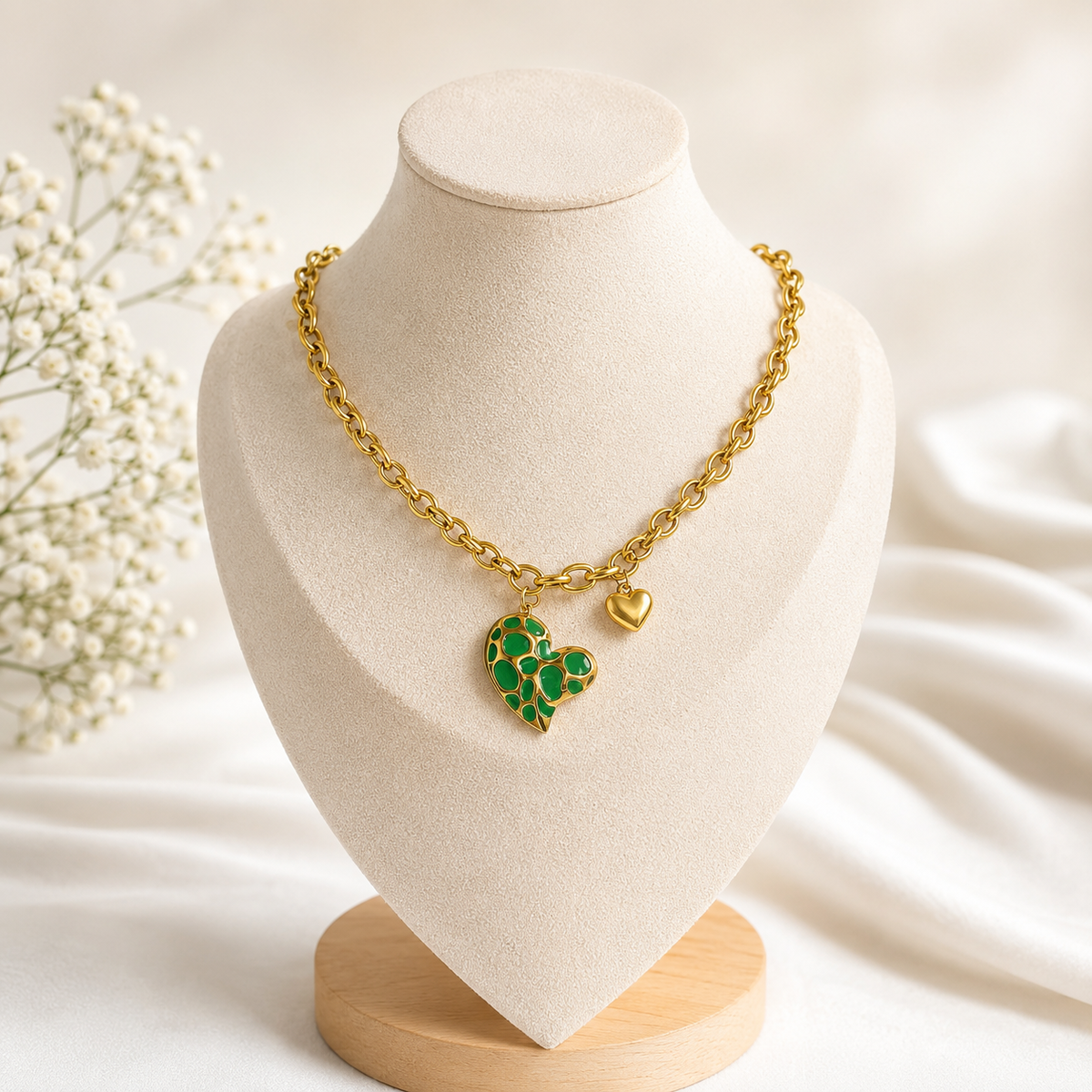Green Enamel Heart Charm Chain Necklace | Waterproof Gold