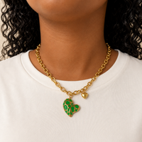 Green Enamel Heart Charm Chain Necklace | Waterproof Gold