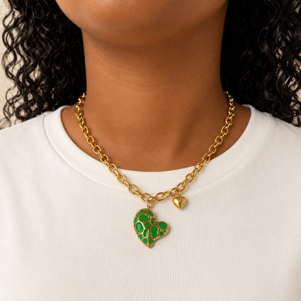 Green Enamel Heart Charm Chain Necklace | Waterproof Gold