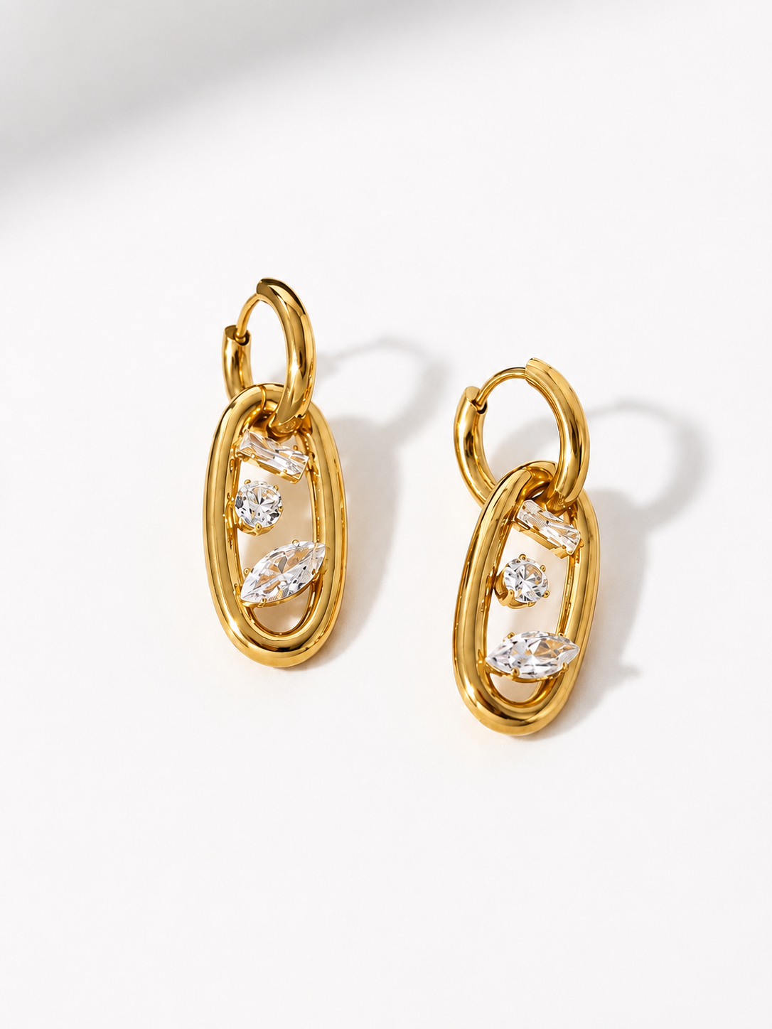 Floating Crystal Oval Link Earrings | Tarnish-Free Gold Huggies