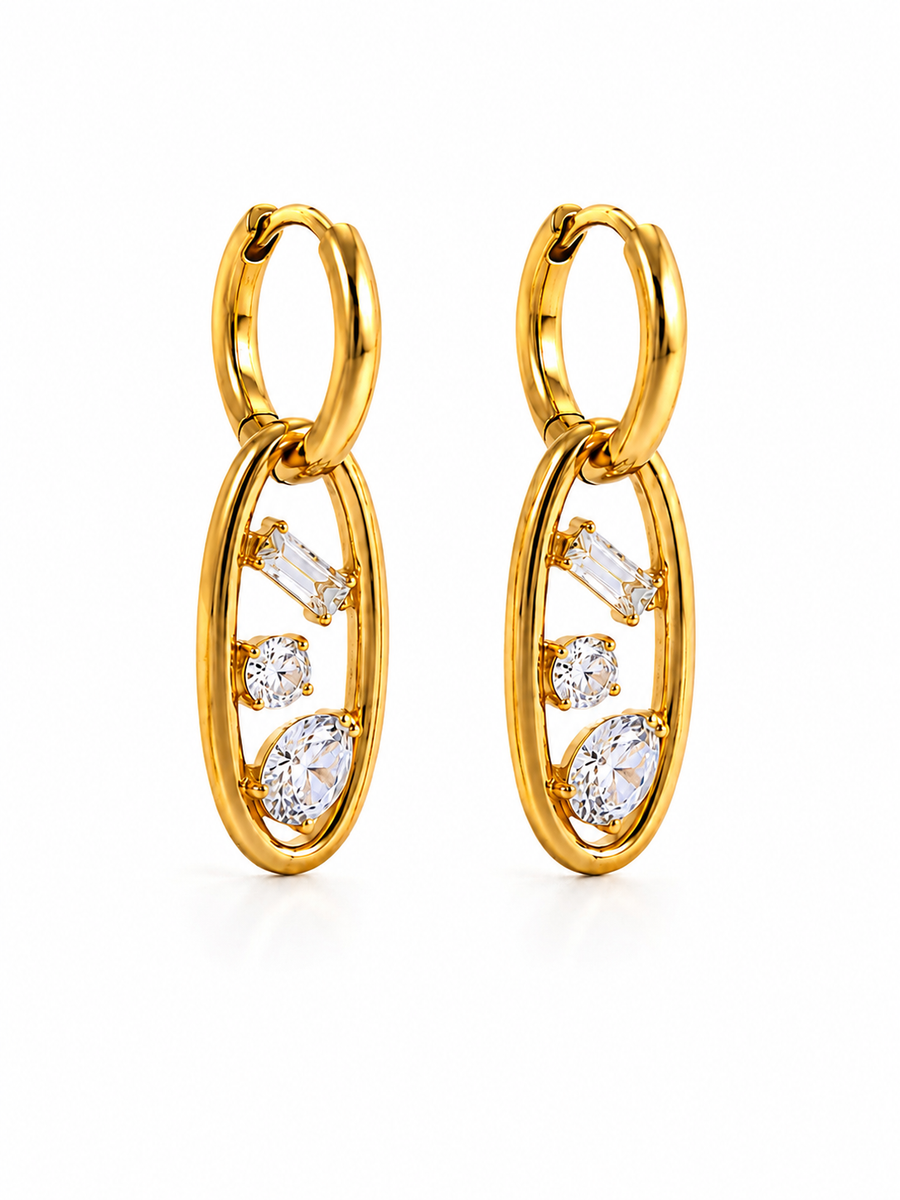Floating Crystal Oval Link Earrings | Tarnish-Free Gold Huggies