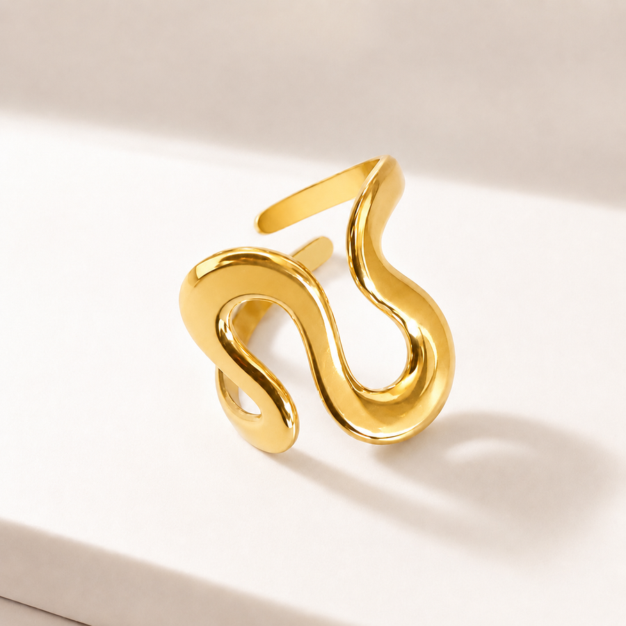 Gold Abstract Wave Open Ring | Sculptural Wavy Adjustable Statement Ring