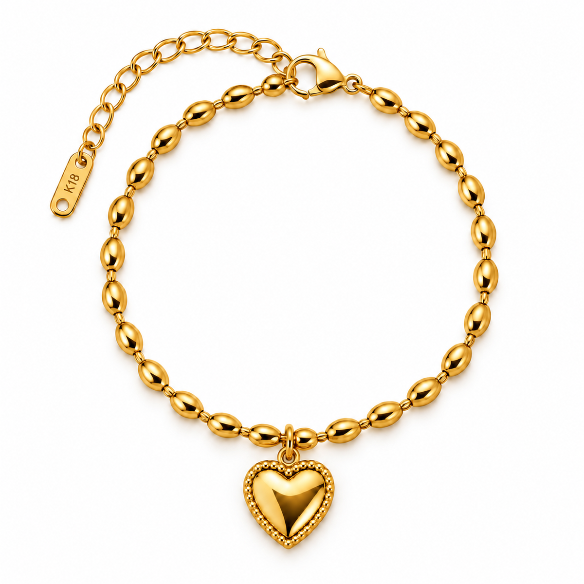 Gold Beaded Oval Chain Heart Charm Bracelet