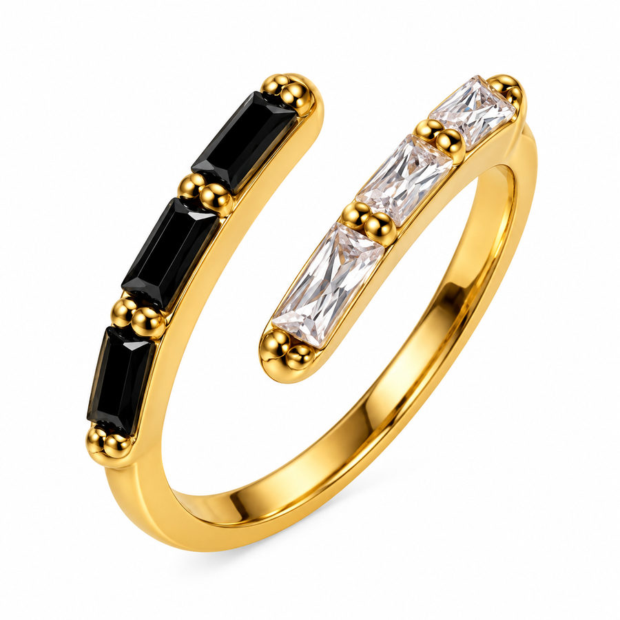 Gold Black & Clear Baguette Rhinestone Bypass Ring