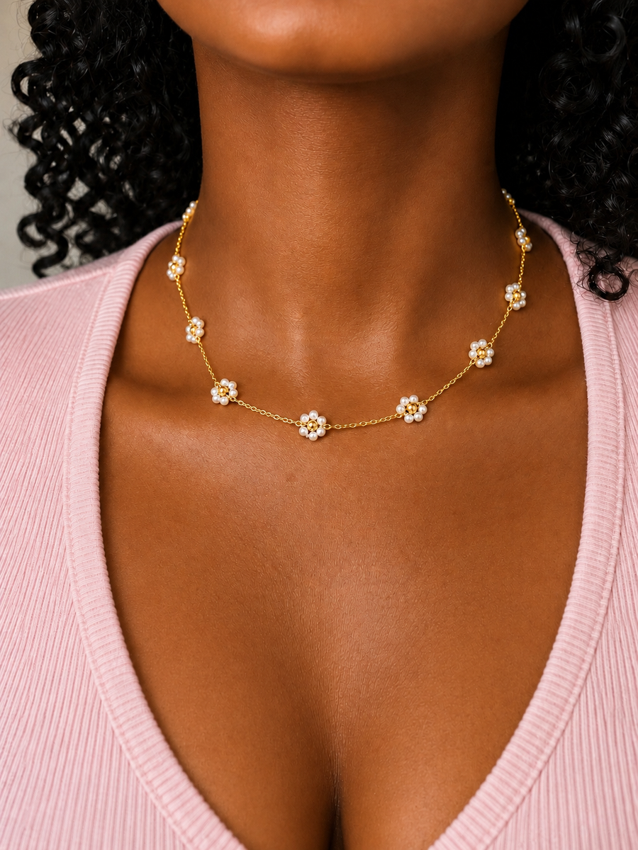 Gold Daisy Pearl Choker Necklace | Stainless Steel