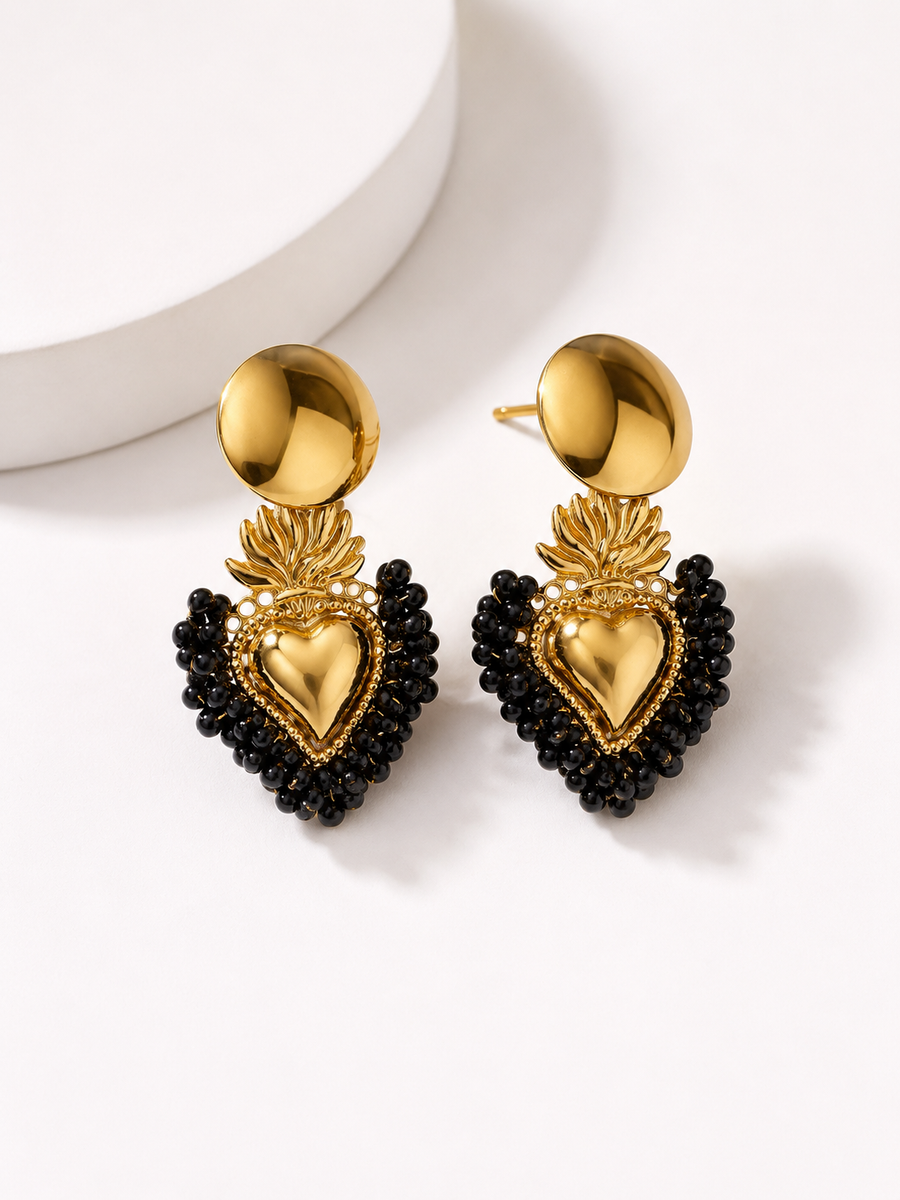 Gold Flaming Sacred Heart Beaded Drop Earrings
