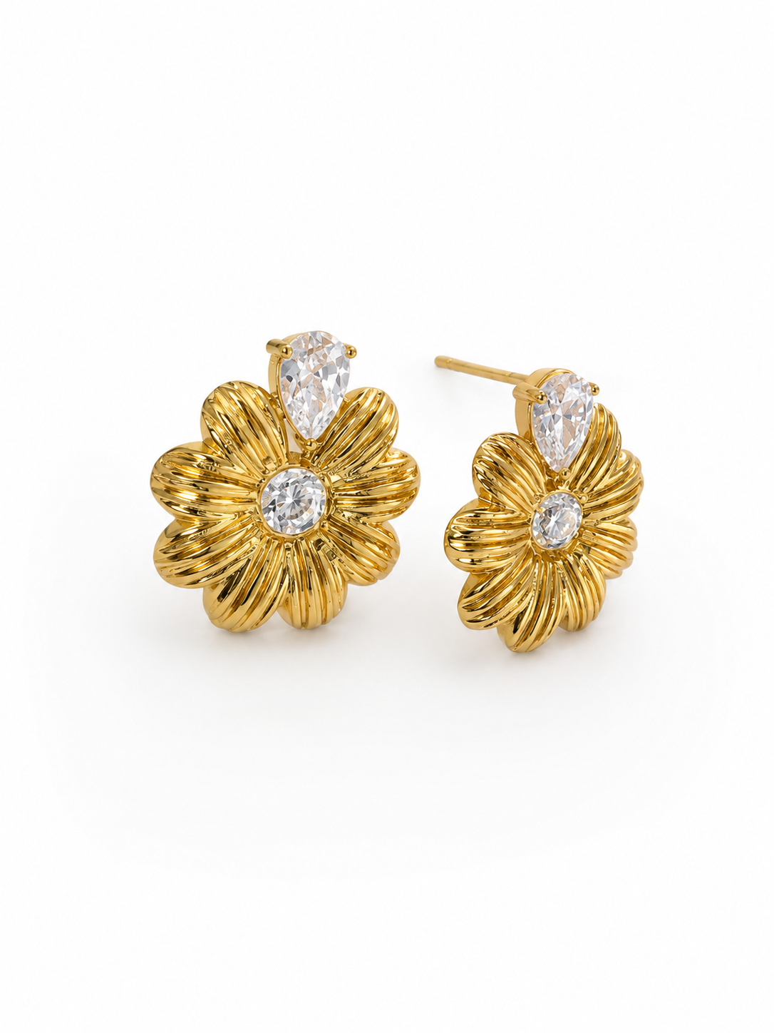 Gold Flower Crystal Stud Earrings | Floral Post Earrings