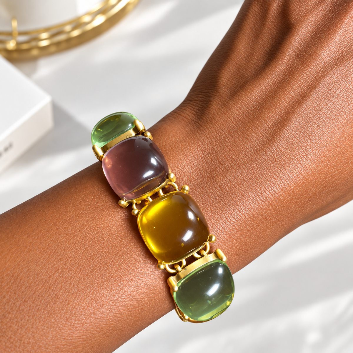 Gold Multi-Color Gemstone Cabochon Bracelet