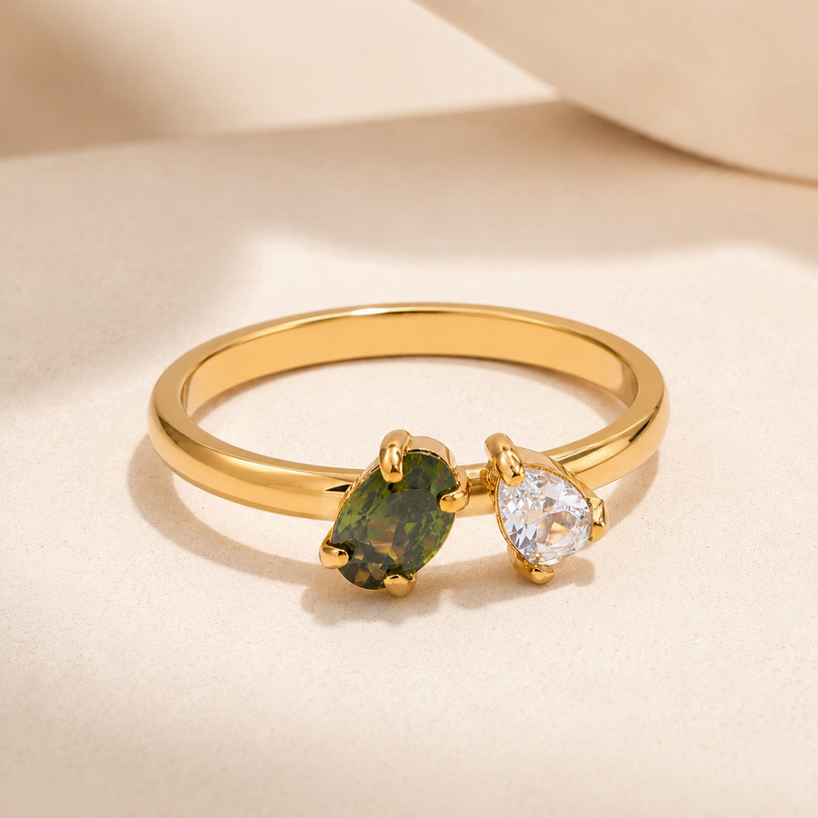 Gold Olive & Clear Gemstone Ring | Waterproof Toi et Moi Ring