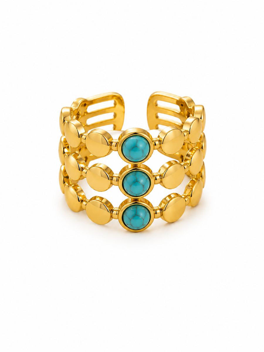 Gold PVD Triple Band Turquoise Ring | Waterproof
