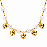 Gold Pearl Station & Heart Charm Necklace