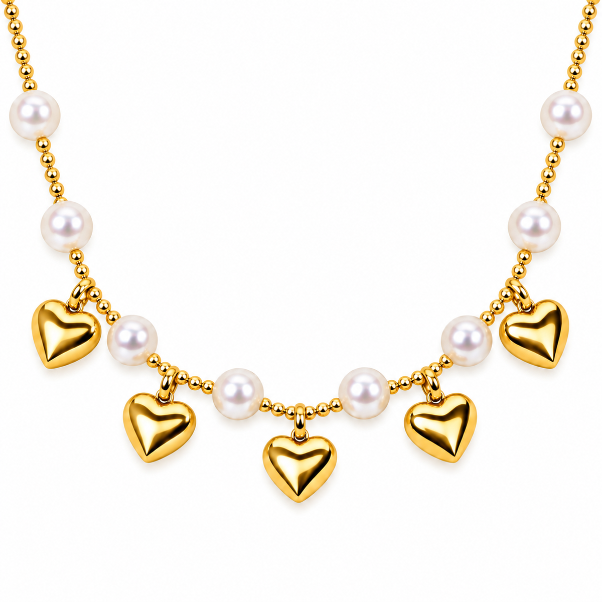 Gold Pearl Station & Heart Charm Necklace