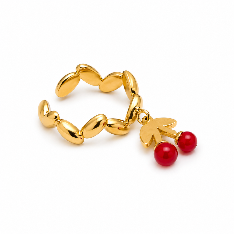Gold Red Cherry Charm Adjustable Ring