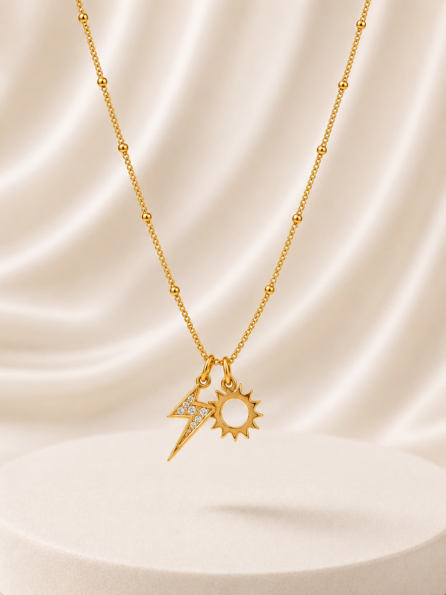 Gold Sun and Lightning Bolt Charm Satellite Necklace