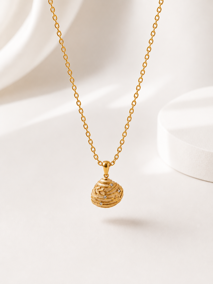 Gold Textured Abstract Dome Pendant Necklace