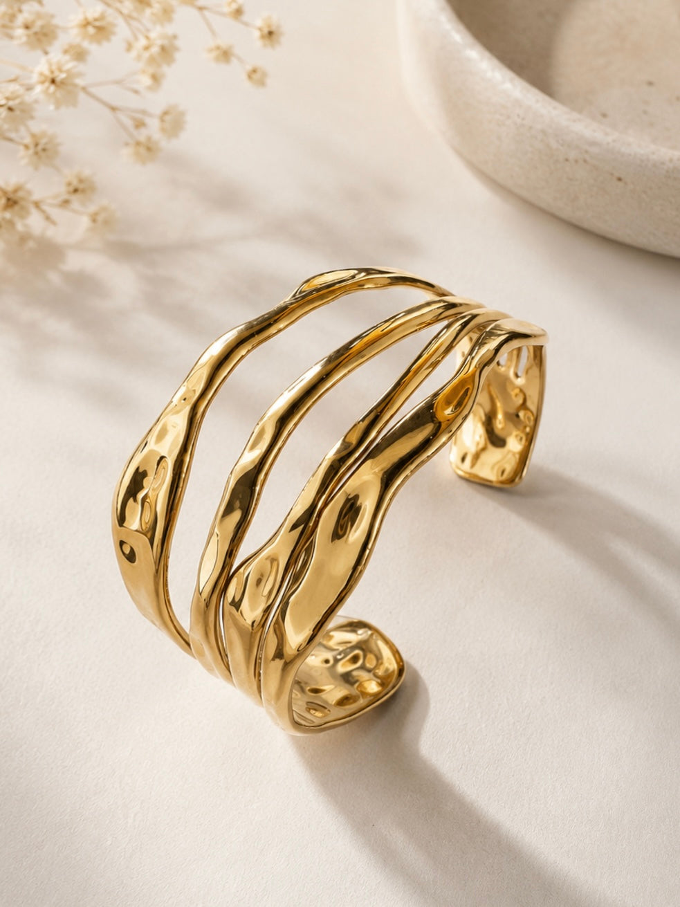 Gold Wavy Multi-Band Cuff Bracelet | Waterproof