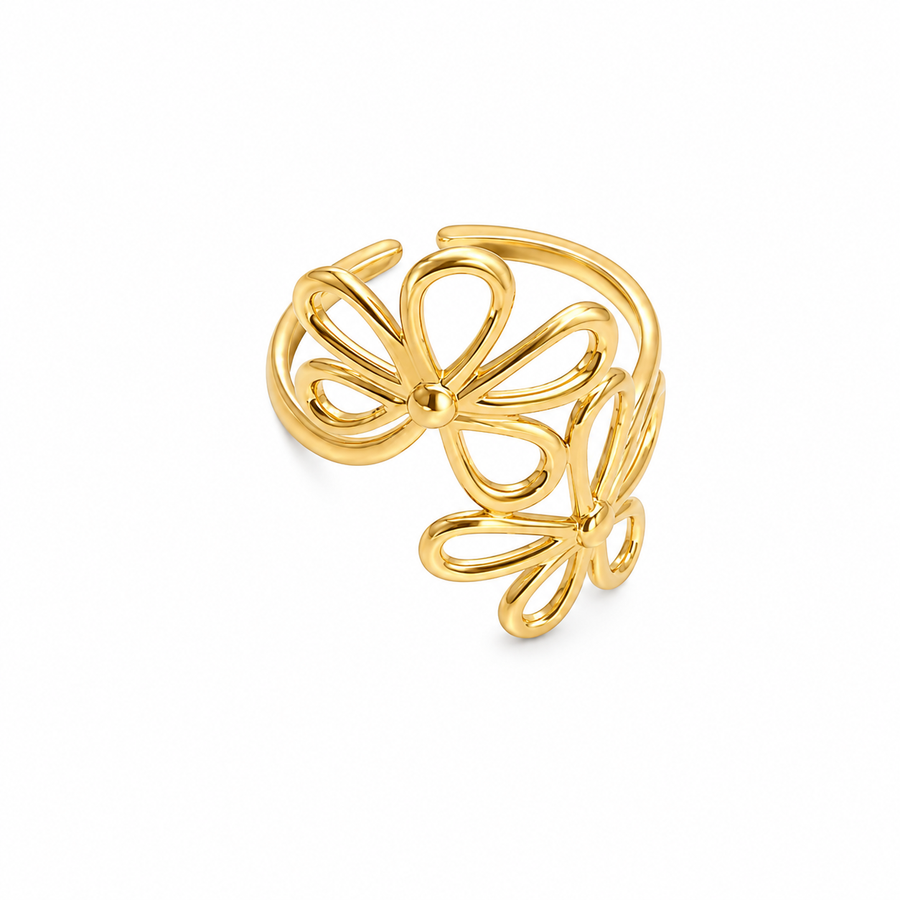 Gold Wire Flower Open Ring | Waterproof Adjustable Floral Ring
