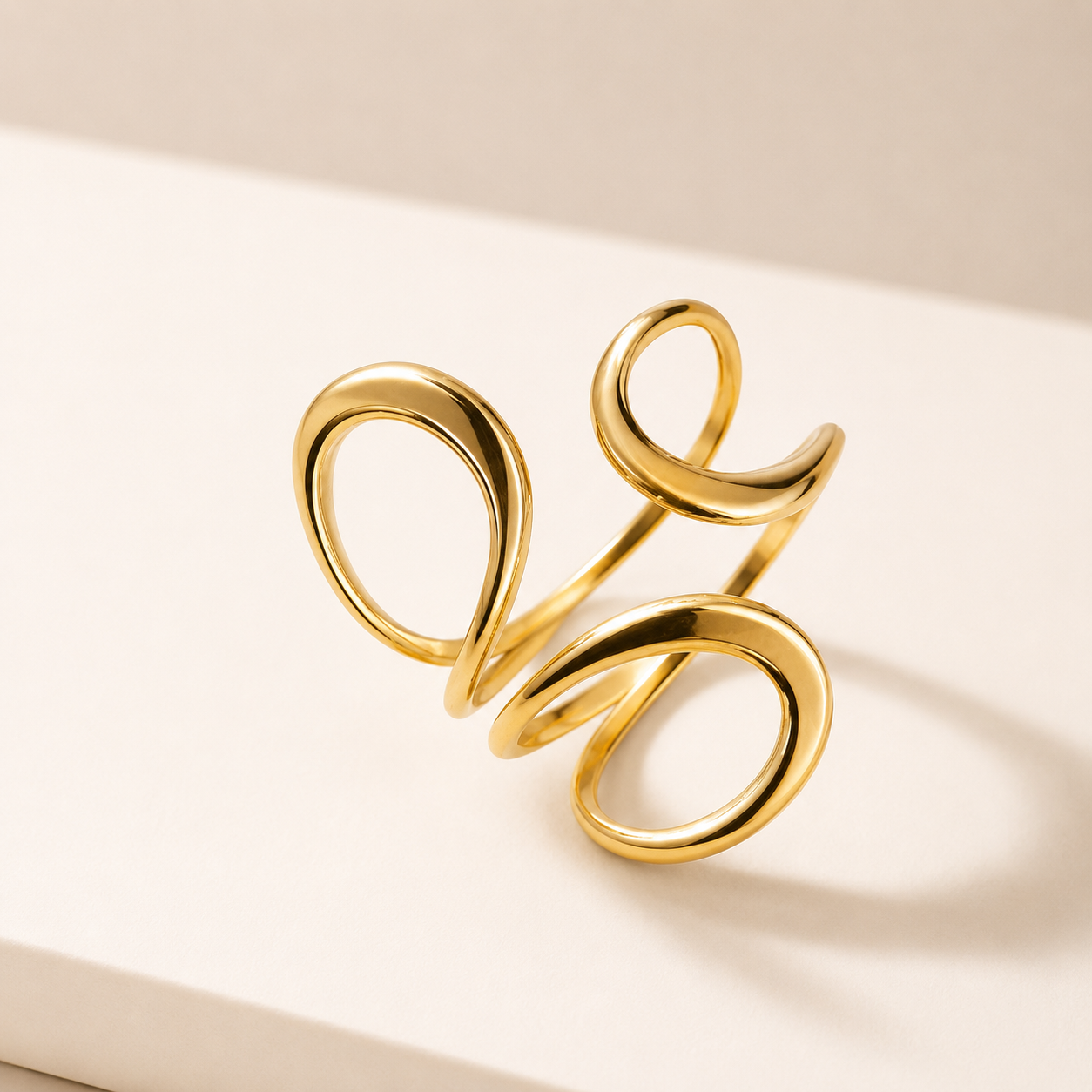 Gold Abstract Teardrop Open Ring | Sculptural Double Loop Adjustable Ring