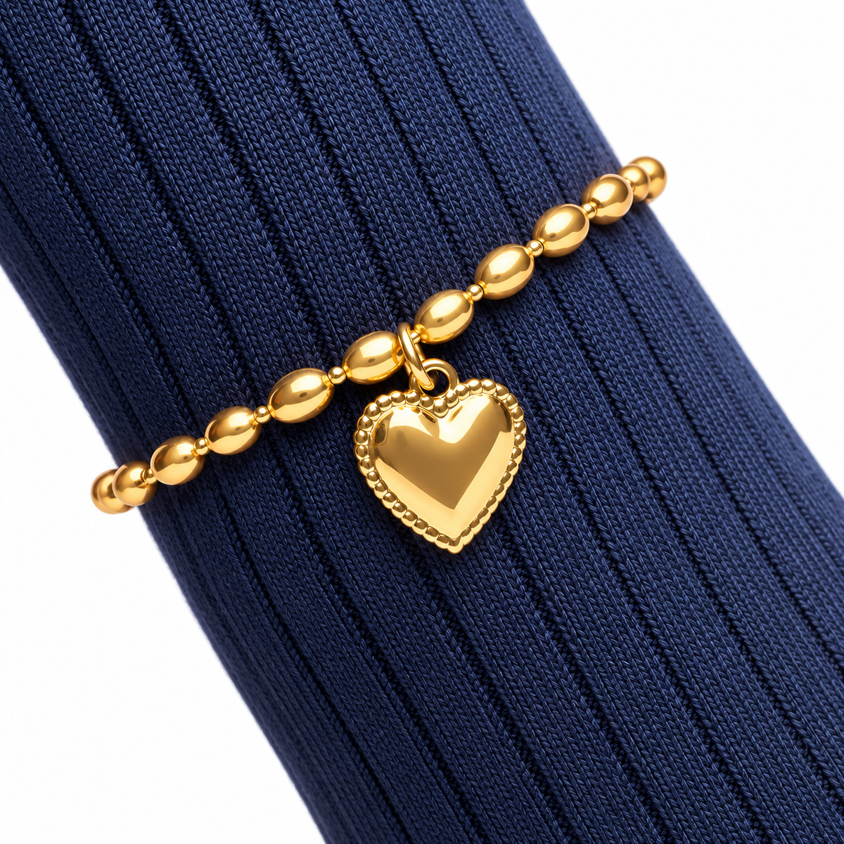 Gold Beaded Oval Chain Heart Charm Bracelet