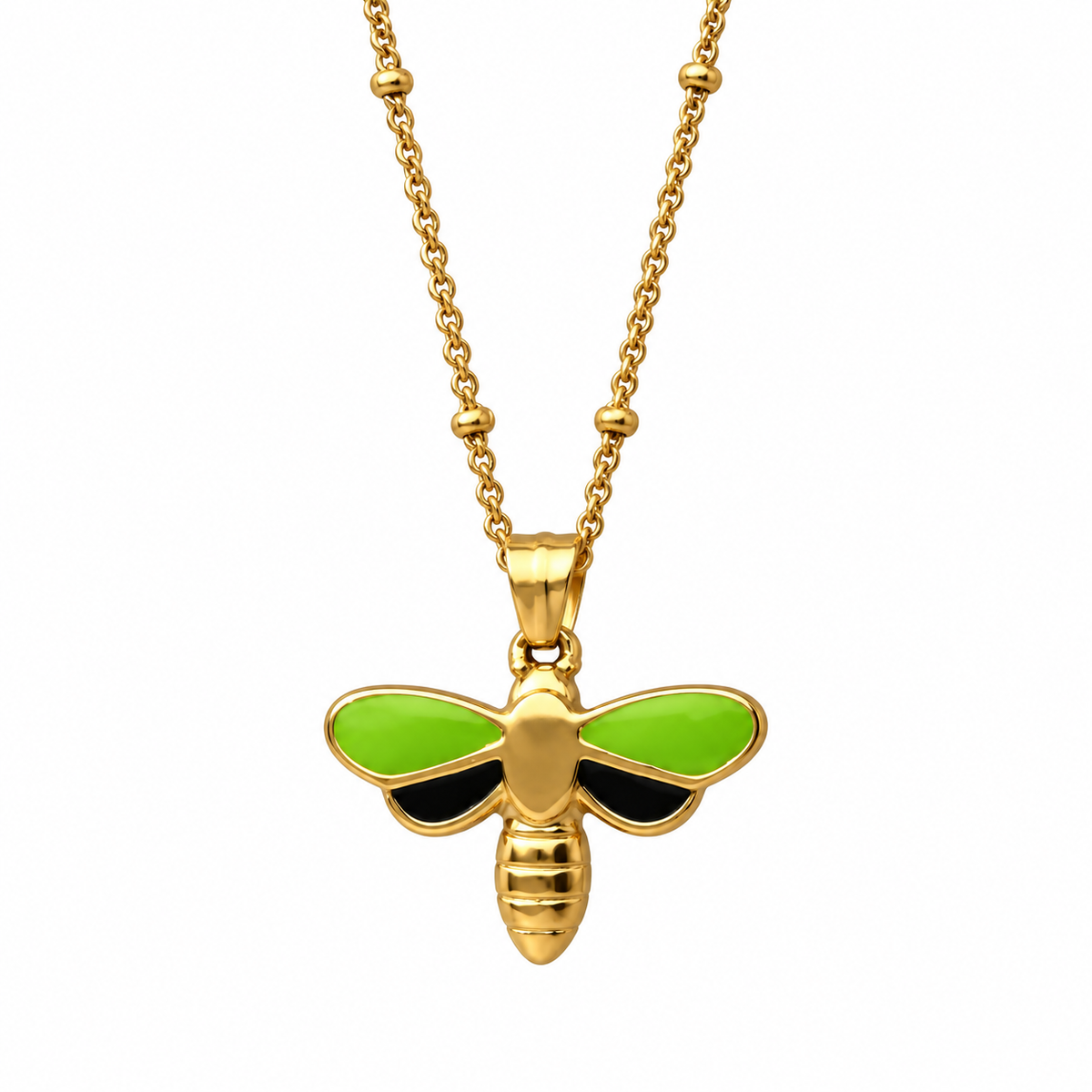 Gold bee pendant necklace with bright green wings and black accents, shown on a white background.