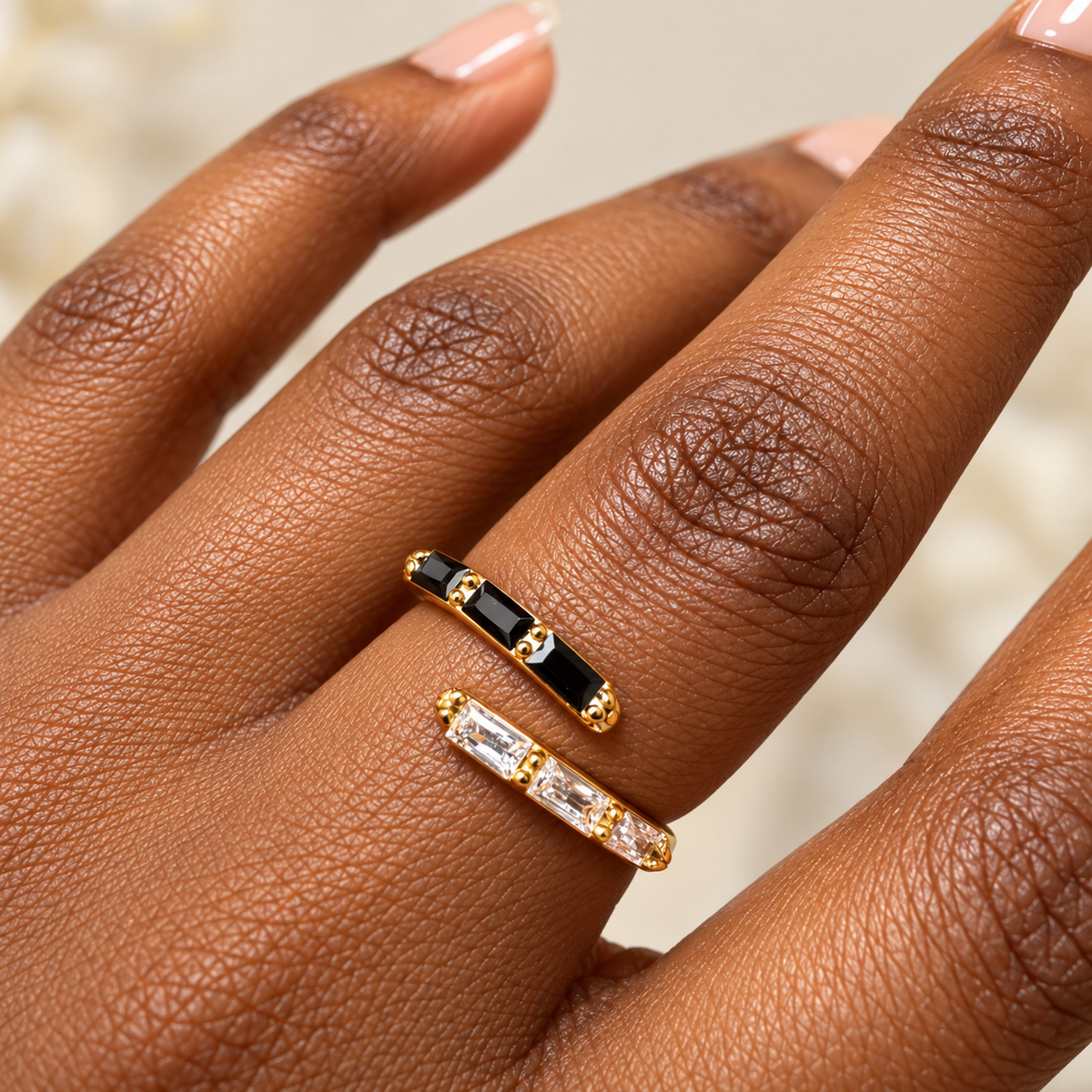Gold Black & Clear Baguette Rhinestone Bypass Ring