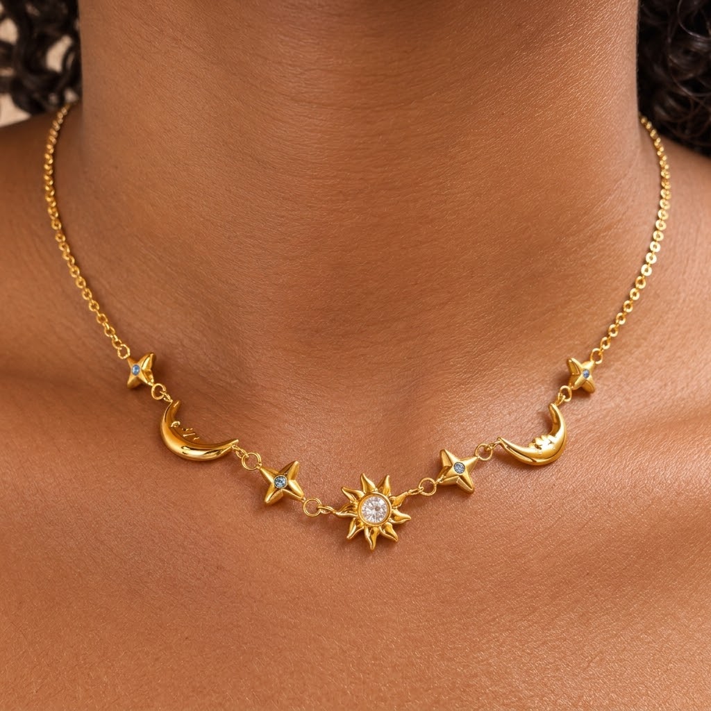Gold Celestial Moon & Star CZ Necklace