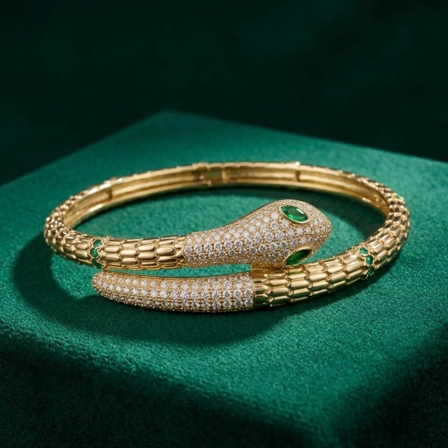 Gold & Emerald Zircon Snake Bangle Bracelet