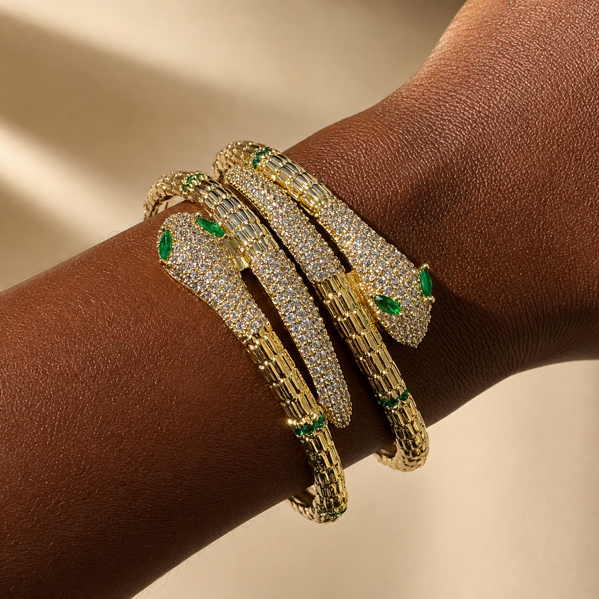 Gold & Emerald Zircon Snake Bangle Bracelet
