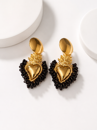 Gold Flaming Sacred Heart Beaded Drop Earrings