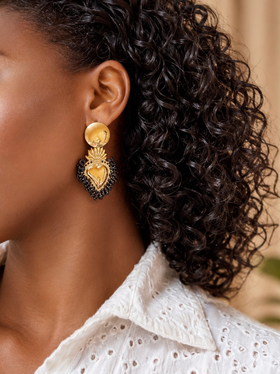 Gold Flaming Sacred Heart Beaded Drop Earrings
