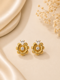 Gold Flower Crystal Stud Earrings | Floral Post Earrings