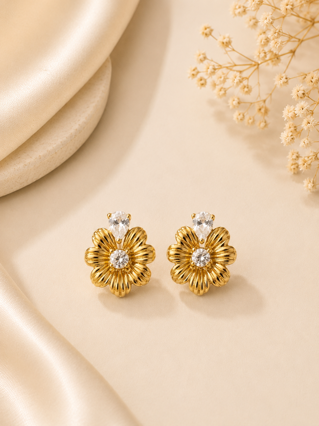 Gold Flower Crystal Stud Earrings | Floral Post Earrings